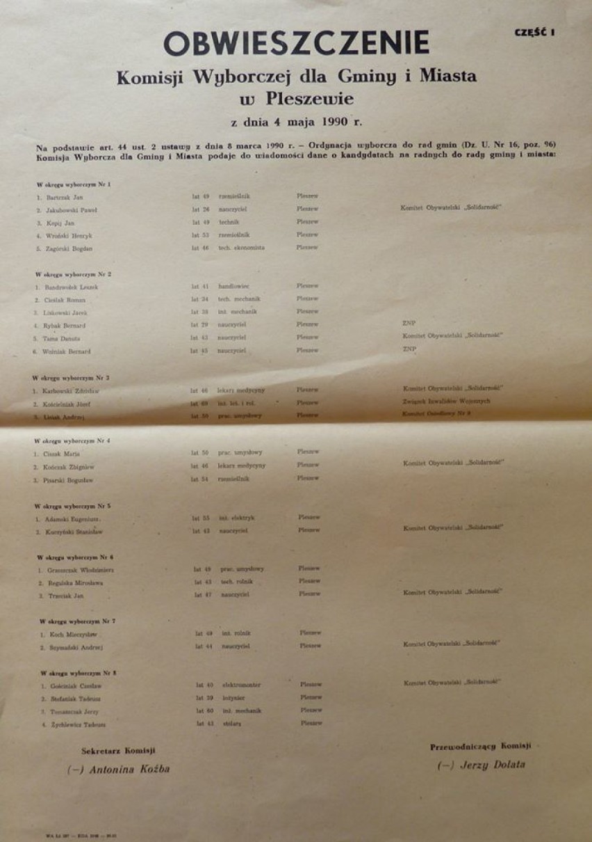 30 lat samorządności. Pamiętacie skład pierwszej Rady Miasta i Gminy Pleszew wybranej 27 maja 1990 roku?