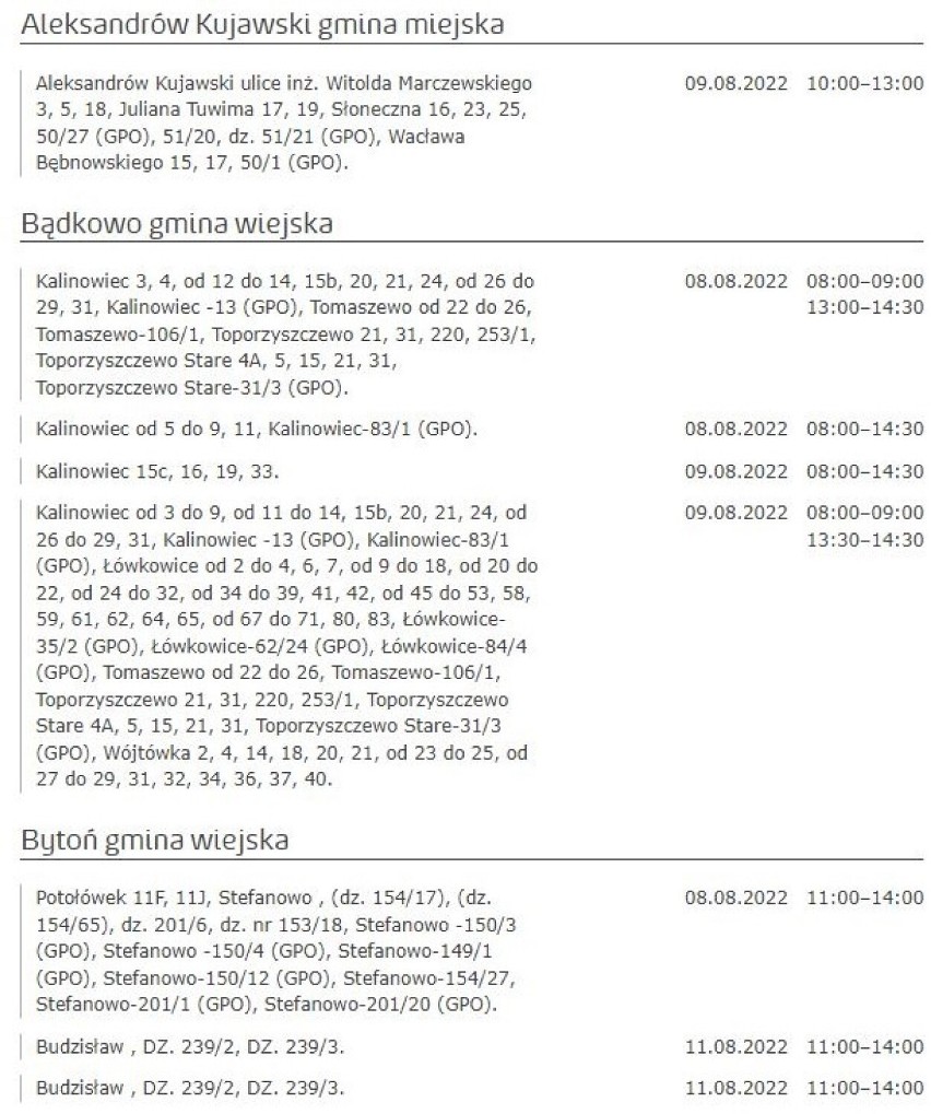 Tu nie będzie prądu w Kujawsko-Pomorskiem [miasta, gminy - 10.08.2022]