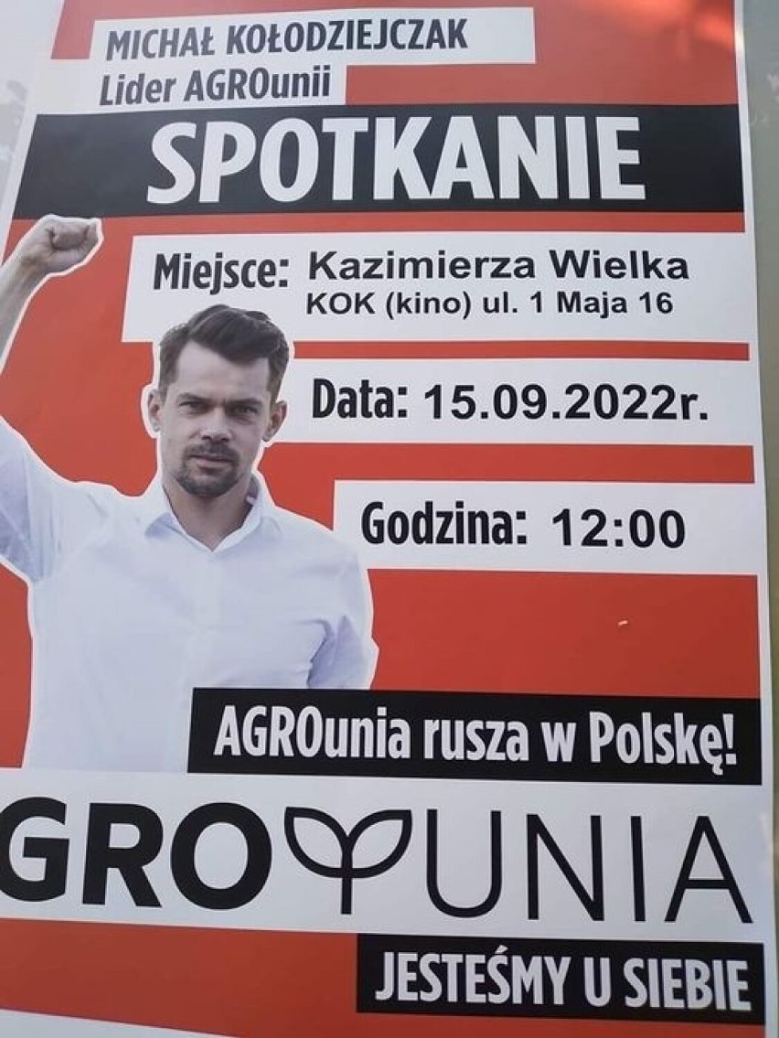 Lider Agrounii Michał Kołodziejczak w Kazimierzy Wielkiej. Mówił o dramatycznej – jego zdaniem – sytuacji rolnictwa. Zobaczcie zdjęcia