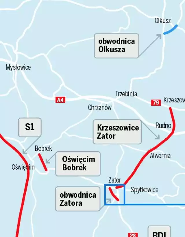 Na czerwono: drogi, które są w planach. Na niebiesko: w trakcie budowy (przebieg planowanych dróg jest orientacyjny)