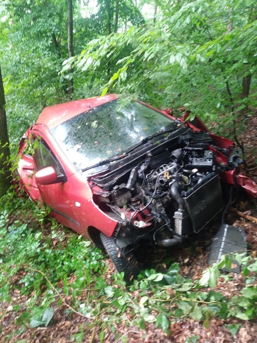 Wypadek w gminie Przywidz. Samochód wypadł z drogi i stoczył się ze skarpy |ZDJĘCIA