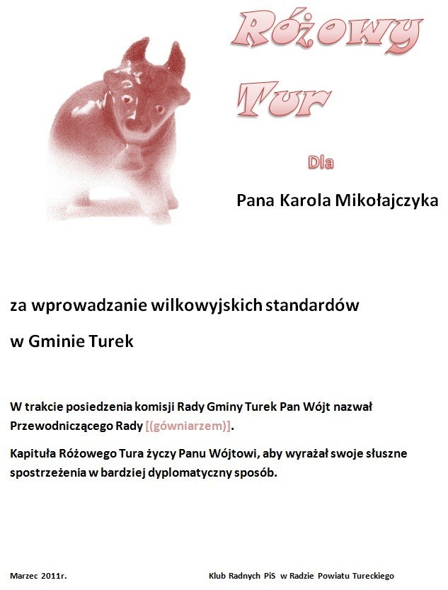 Różowy Tur dla wójta gminy Turek