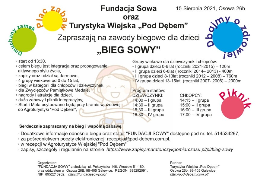 Trwają zapisy na "Bieg Sowy". Impreza sportowa dla dzieci odbędzie się 15 sierpnia w miejscowości Osowa ZDJĘCIA