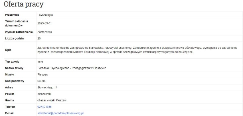 Na liście ofert pracy opublikowanej przez Wojewódzkie...