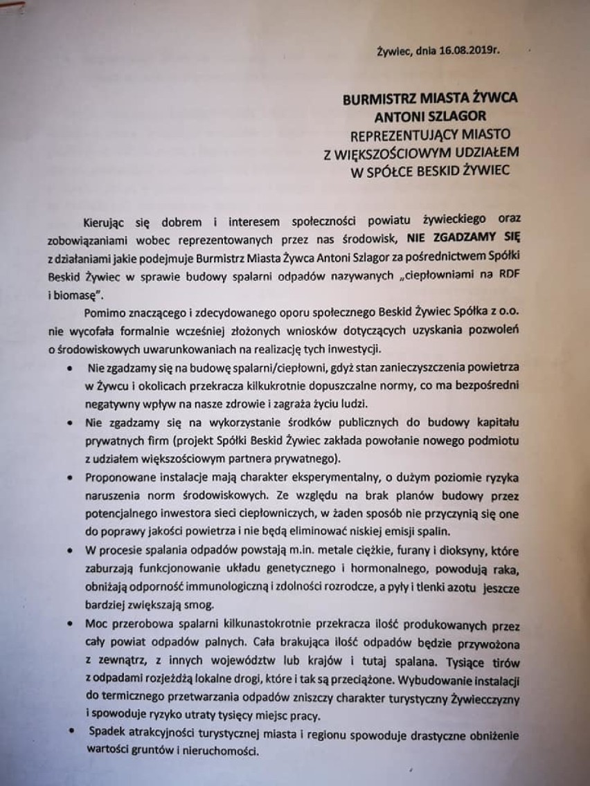 Pismo skierowane do prokuratury przez burmistrza Szlagora