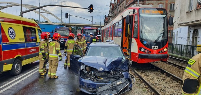 Wypadek samochodu osobowego z tramwajem w Gdańsku. Trzy osoby poszkodowane