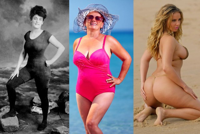 Pierwsze zdjęcie od lewej przedstawia strój kąpielowy, w jaki musiały się wciskać damy w 1900 r. W środku to już model stroju jednoczęściowego, który był popularny do lat 40, a następnie znów znalazł uznanie w latach 80. XX w. Po prawej współczesne, fikuśne bikini ze stringami.