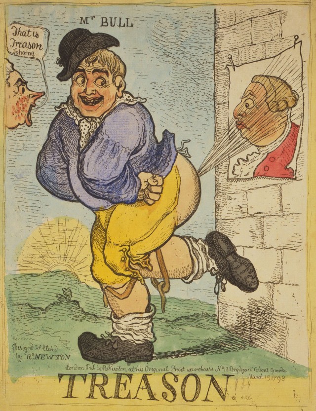 John Bull emits an explosive bout of flatulence at a poster of George III as an outraged William Pitt the Younger ticks him off. Newton's etching was probably a comment on Pitt's threat (realized the following month) to suspendhabeas corpus.