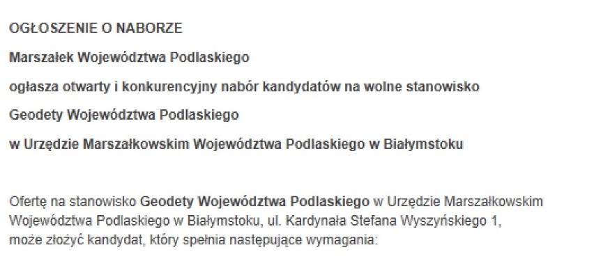 Urząd Marszałkowski w Białymstoku. Marszałek poszukuje geodety wojewódzkiego