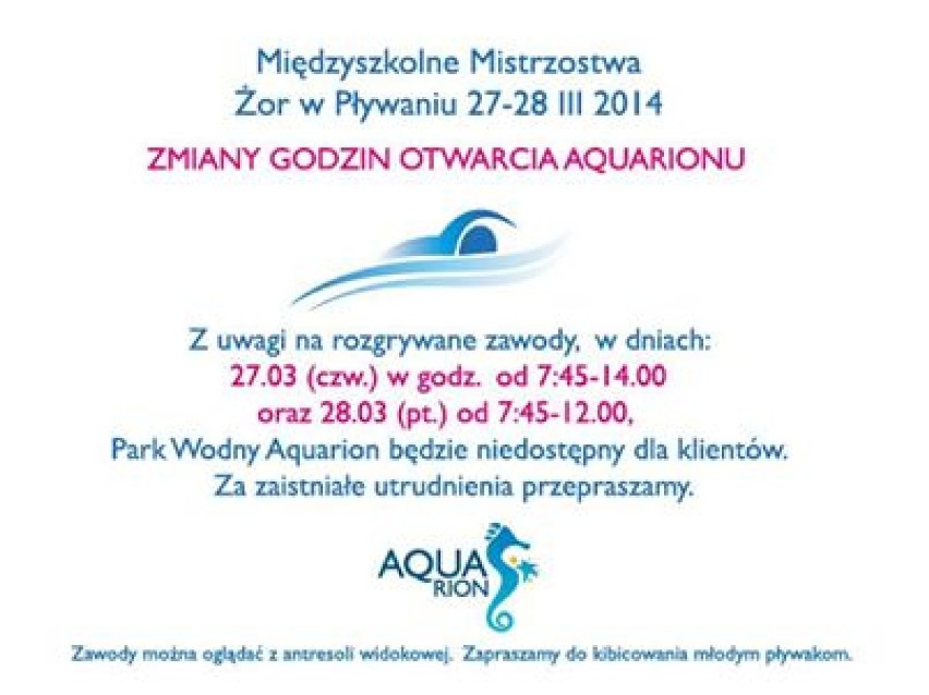 Aquarion Żory: Zmiany godzin otwarcia podczas...