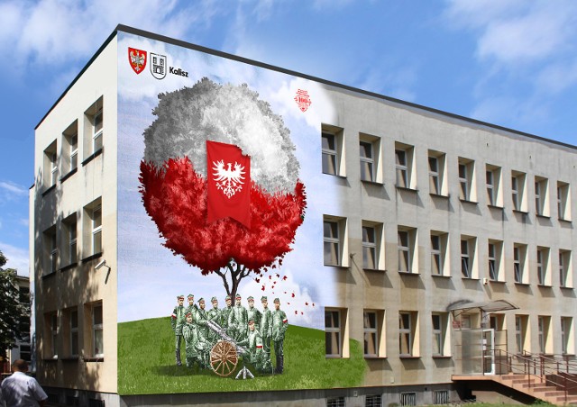 Mural poświęcony Powstaniu Wielkopolskiemu na ścianie Szkoły Podstawowej nr 16 w Kaliszu