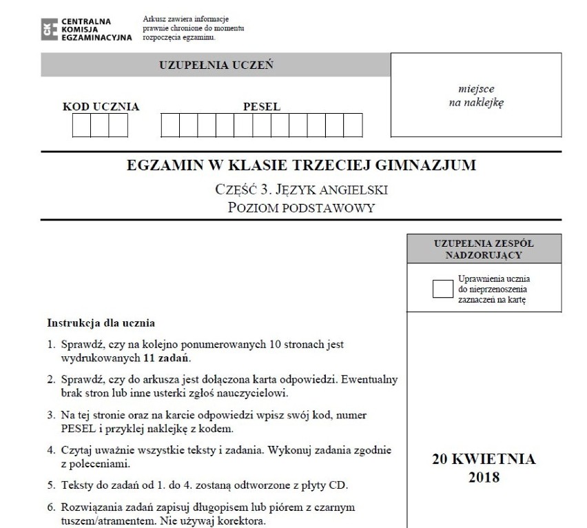 EGZAMIN GIMNAZJALNY 2018. Język angielski - arkusze CKE, odpowiedzi. Egzamin gimnazjalny - j.angielski poziom podstawowy