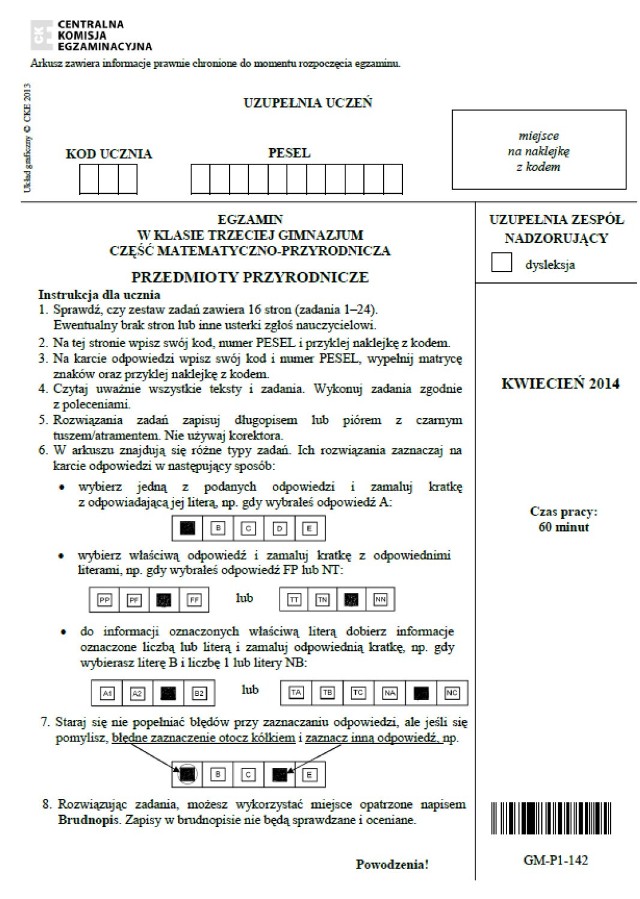 EGZAMIN GIMNAZJALNY 2014: część przyrodnicza. Mamy ARKUSZE. ODPOWIEDZI wkrótce