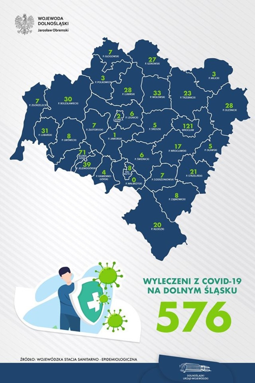 Aktualna liczba osób wyleczonych z COVID-19 dla województwa dolnośląskiego oraz powiatów - 11.05.2020 r. godz. 20:00