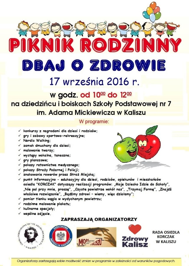 Szkoła Podstawowa nr 7 w Kaliszu zaprasza na piknik rodzinny