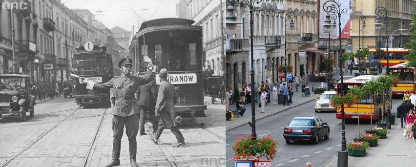 Z lewej: Policjant kierujący ruchem na ulicy Nowy Świat. Z...