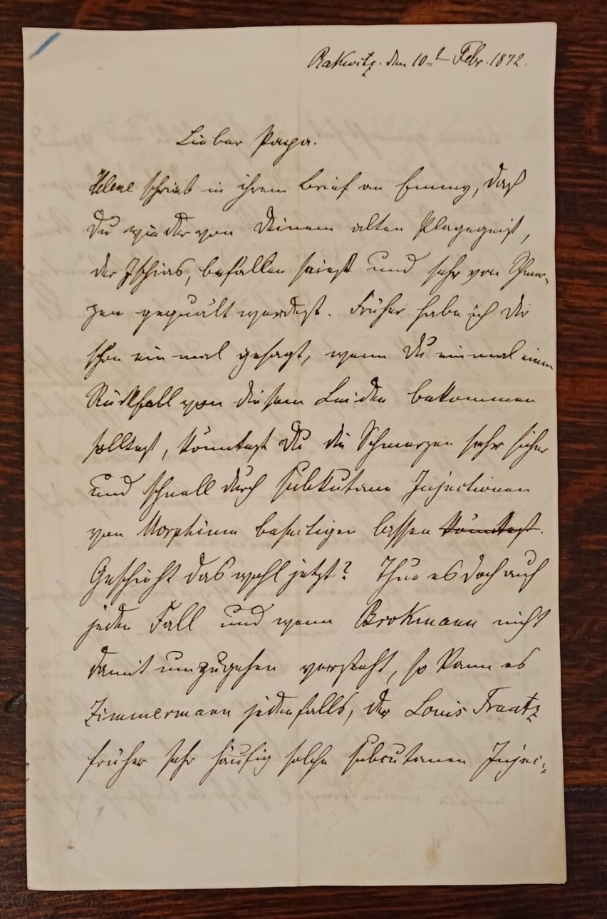 Bezcenny dar dla Muzeum dr. Roberta Kocha - List z 10 lutego 1872 r. napisany w Rakoniewicach