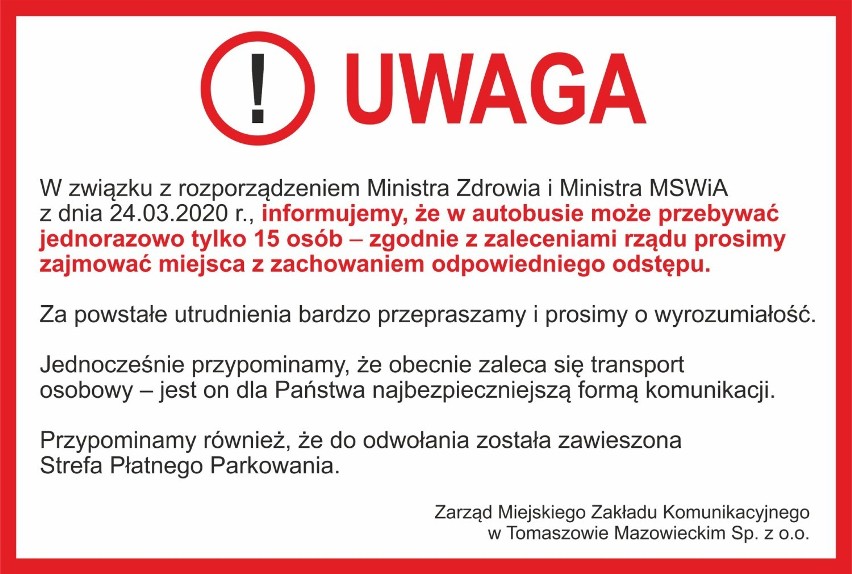 Koronawirus w Tomaszowie Maz. Zmiany w autobusach MZK w związku z ograniczeniami ilości pasażerów