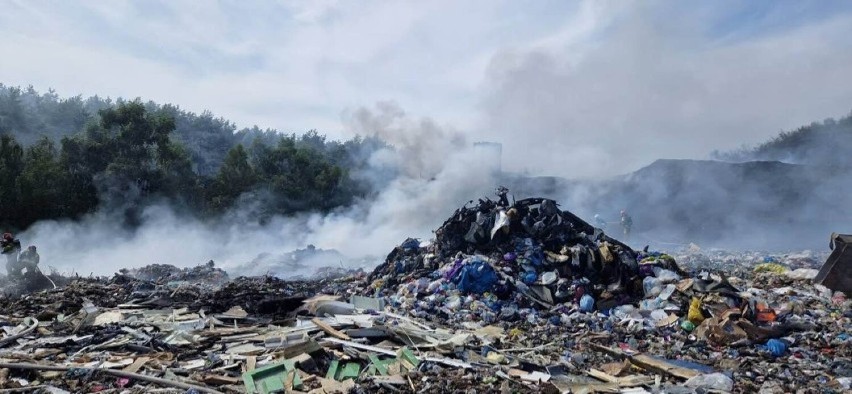 Ogromny pożar wysypiska śmieci w Niedźwiedziu w powiecie wąbrzeskim. Gasiły go 23 jednostki straży pożarnej