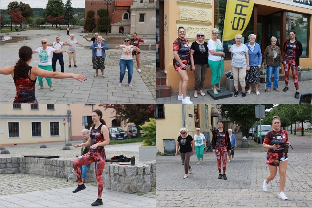 Cotygodniowe zajęcia ruchowe pod hasłem "W zdrowym ciele zdrowy duch" na Starym Rynku we Włocławku prowadzone są przez Amelię Cymerman, mistrzynię Polski, 23 maja 2023 roku.