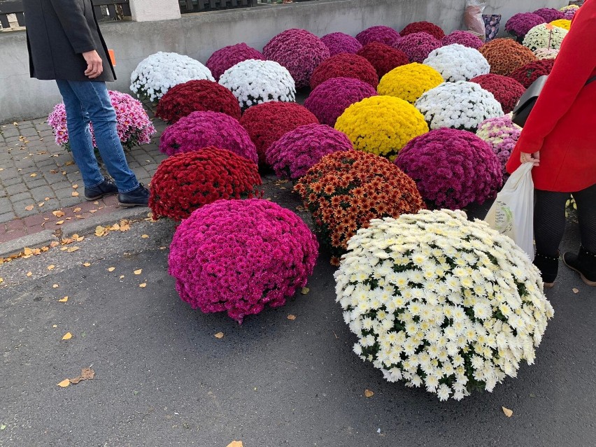 Ceny zniczy, kwiatów i wiązanek przed cmentarzem w Obornikach w 2021 roku