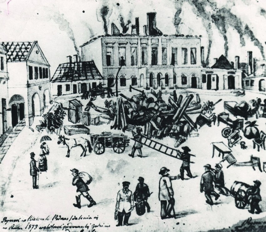 Jeden z pożarów rynku w Kielcach w XIX wieku.