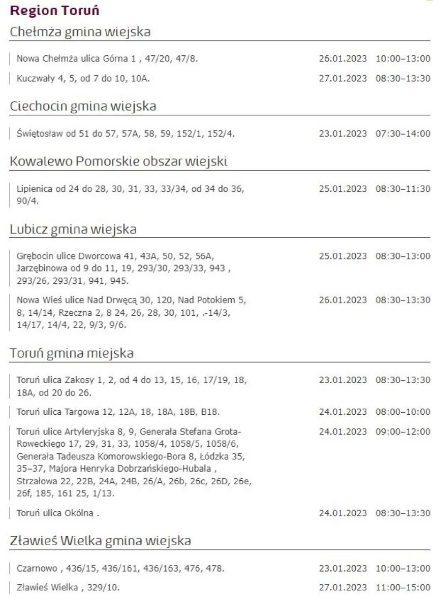 Tu nie będzie prądu w Kujawsko-Pomorskiem [miasta, gminy - 26.01.2023]