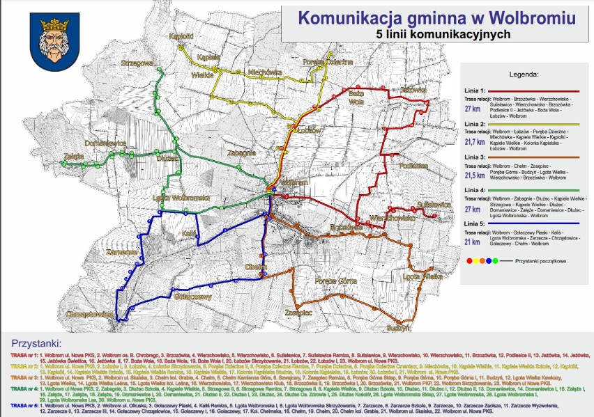 Mapa tras komunikacji gminnej w Wolbromiu