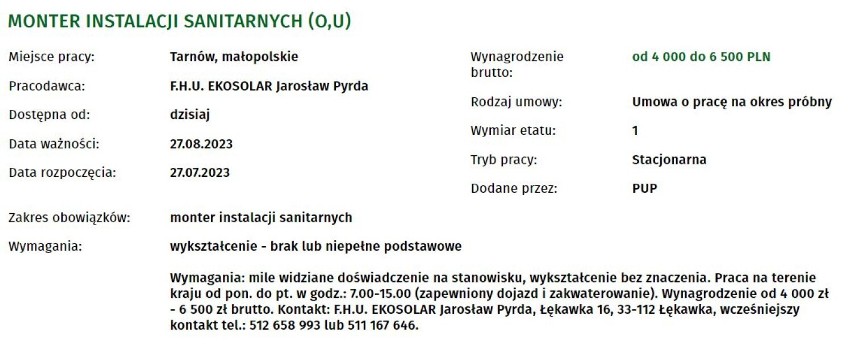 Najlepiej płatne oferty pracy z Powiatowego Urzędu Pracy w Tarnowie. Pracodawcy poszukują osób na różne stanowiska. Oferty z lipca 2023