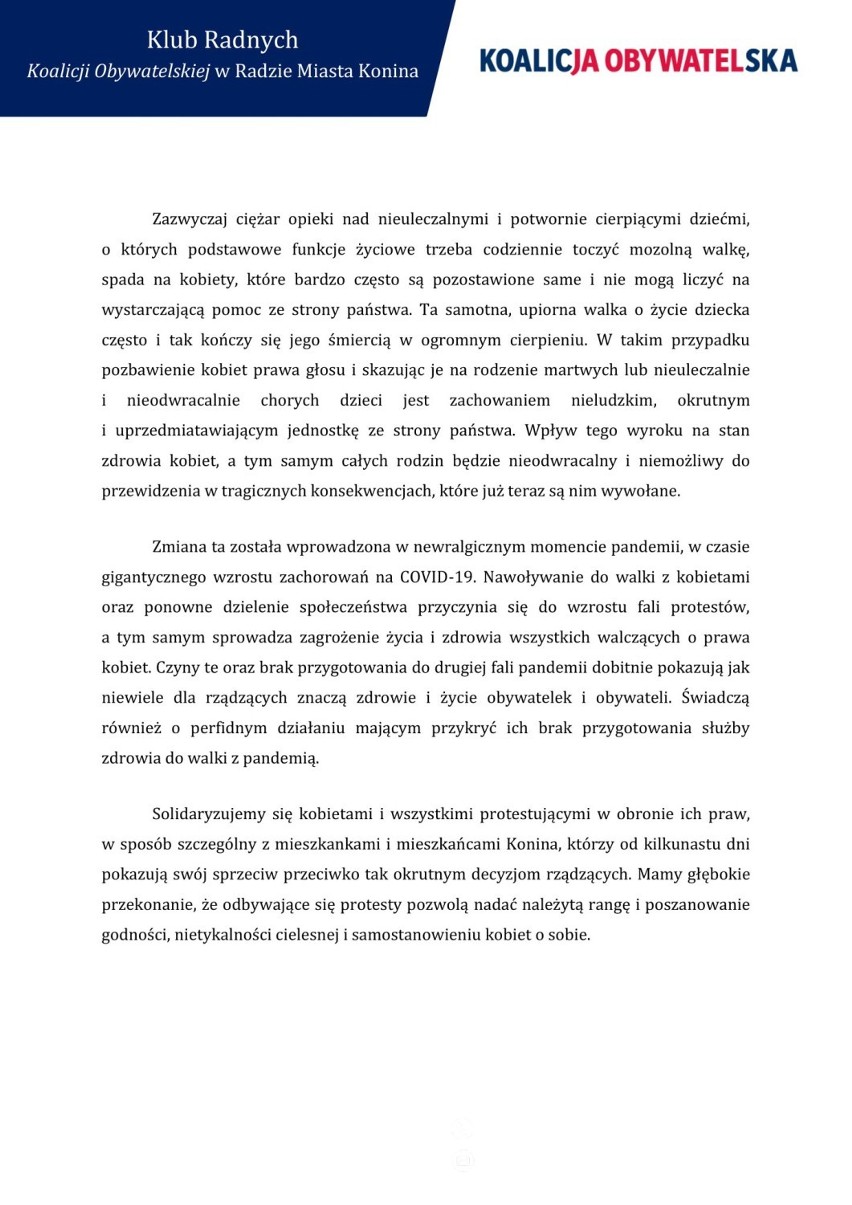 Poparcie protestów od Radnych Konina z KO. "Solidaryzujemy się kobietami i wszystkimi protestującymi w obronie ich praw"