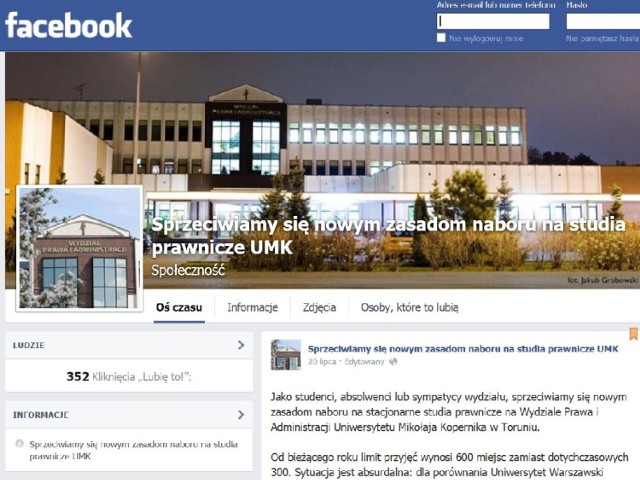 Profil akcji "Sprzeciwiamy się nowym zasadom naboru na studia prawnicze UMK" na Facebooku