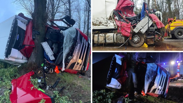 Ciężarówka wpadła do rowu. Kabina została zmiażdżona. Kierowca cudem uniknął tragedii