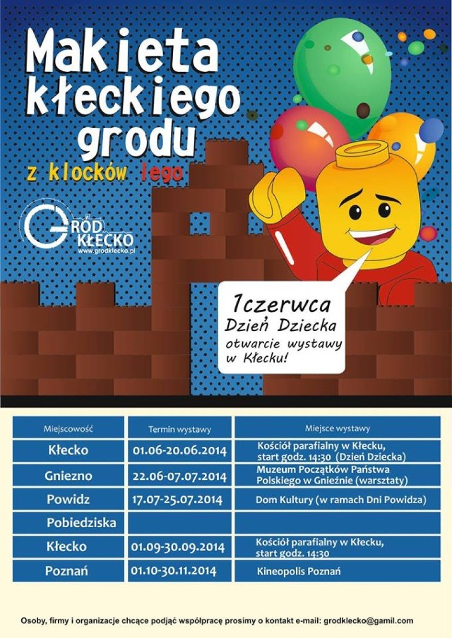 W niedzielę o 14:30 na terenie kościoła parafialnego w Kłecku odbędzie się otwarcie makiety kłeckiego grodu przygotowanej z klocków lego. Organizatorem wydarzenia jest portal grodklecko.pl. Makietę będzie można zobaczyć także w Gnieźnie, Poznaniu, Powidzu oraz Pobiedziskach. Serdecznie zapraszamy!