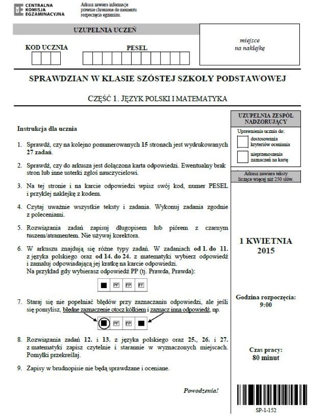 Sprawdzian Szóstoklasisty 2015 CKE. ARKUSZE, ODPOWIEDZI wkrótce]