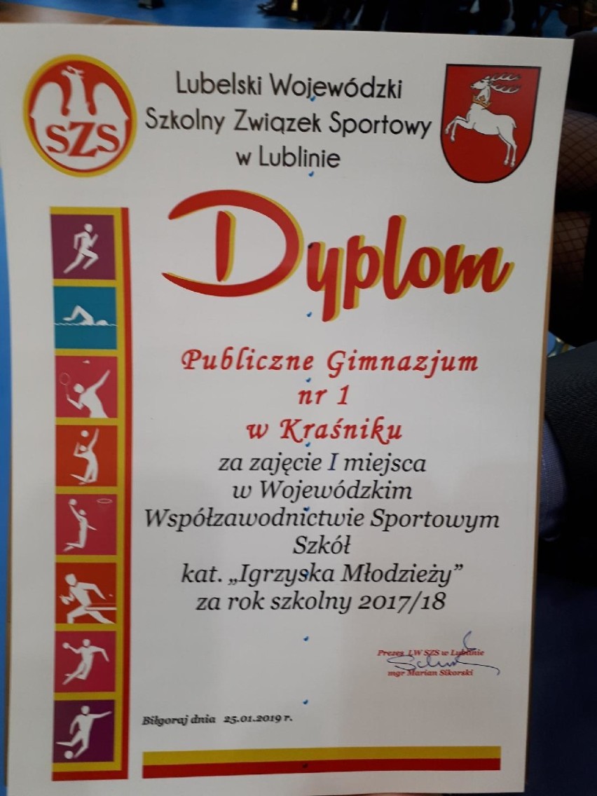 Publiczne Gimnazjum Nr1 w Kraśniku na pierwszym miejscu w Wojewódzkim Współzawodnictwie Sportowym Szkół za rok 2017/2018