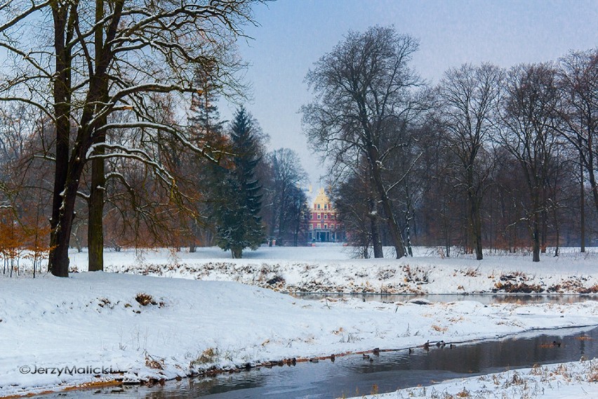 Park Mużakowski zimą.