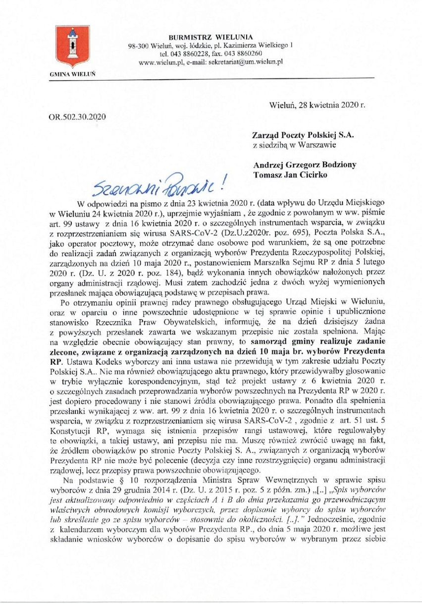 Pismo burmistrza Wielunia do zarządu Poczty Polskiej (kliknij na dokumencie, aby powiększyć)
