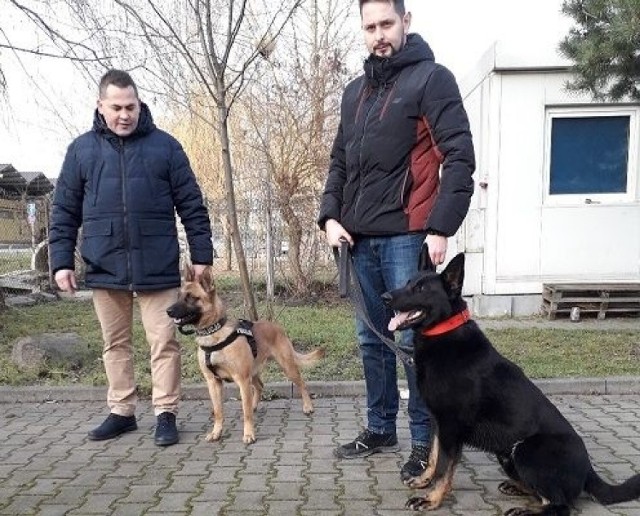 Policyjne psy wraz ze swoimi opiekunami. Z lewej Nadit, z prawej Nador, który również ma w swoich osiągnięciach uratowanie ludzi.