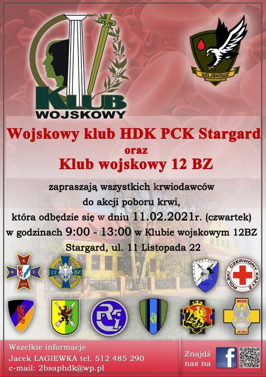 W czwartek 11 lutego, w Klubie wojskowym, będzie akcja poboru krwi. Zapraszają Wojskowy klub HDK PCK Stargard oraz Klub wojskowy 12 BZ