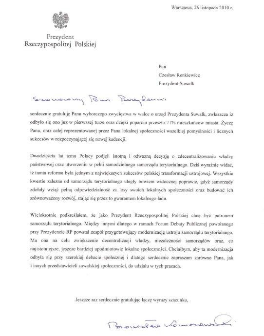 list gratulacyjyBronisława Komorowskiego