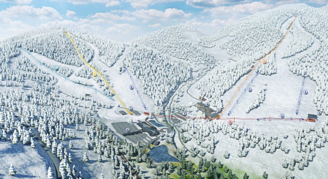 Stacja Sportów Zimowych i Paralotniarstwa w Kowarach. Inwestor musiał zrezygnować z budowy kolejki na szczyt Czoła (po prawej).