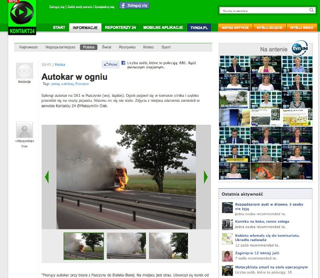 O płonącym autobusie w Goczałkowicach informował również kontakt24.tvn.pl