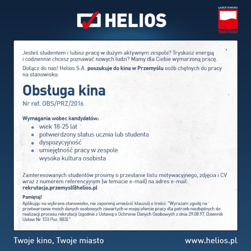 Kino Helios szuka pracowników w Przemyślu