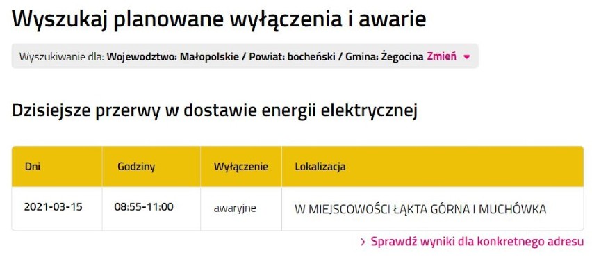 Wyłączenia prądu w powiecie bocheńskim, 15-19.03.2021