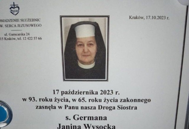 We wtorek, 17 października, w 93 roku życia i 65 roku życia zakonnego zmarła siostra Germana Janina Wysocka, pochodząca z Kaczyna w powiecie kieleckim.