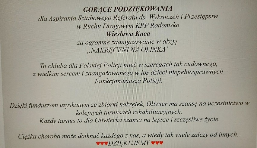 Podziękowania dla  Wiesława Kuca. Policjant z KPP w Radomsku zaangażował się w pomoc choremu Oliwierowi