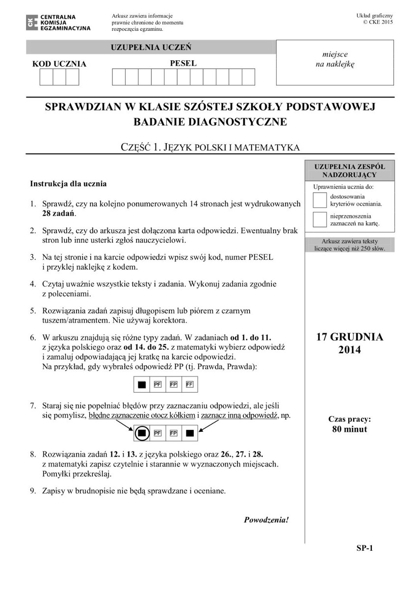 Próbny SPRAWDZIAN 2014. TEST SZÓSTOKLASISTY 2015...