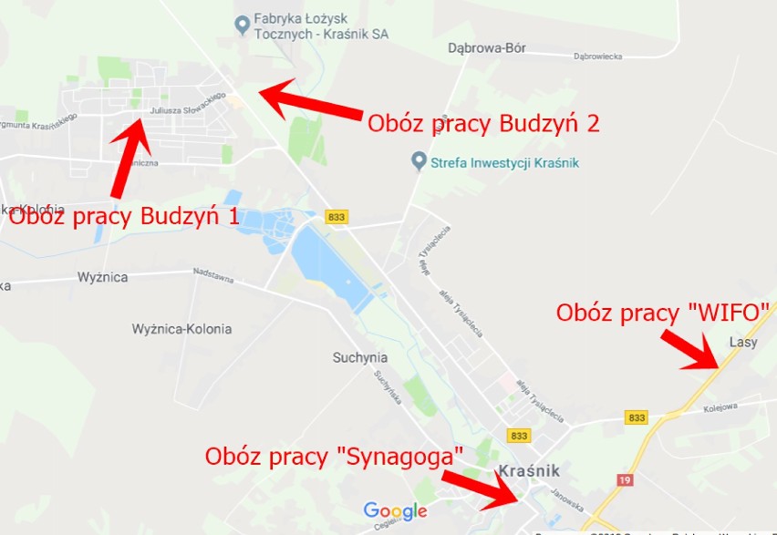 Uproszczona mapa rozmieszczenia obozów pracy w Kraśniku