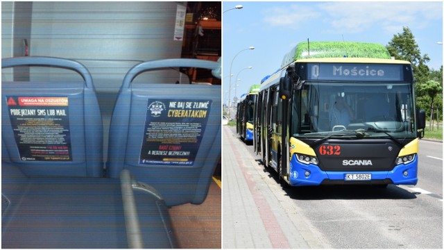 Materiały przestrzegające przed oszustami umieszczone zostały w miejskich autobusach na zagłówkach siedzeń