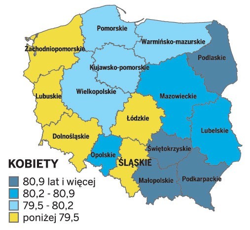 Przeciętne trwanie życia wg. województw w 2009 r.